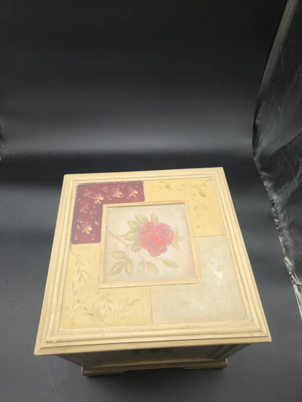 French Country Painted Wood 13 Inch Tall Jewelry Storage Box Chest Red Rose